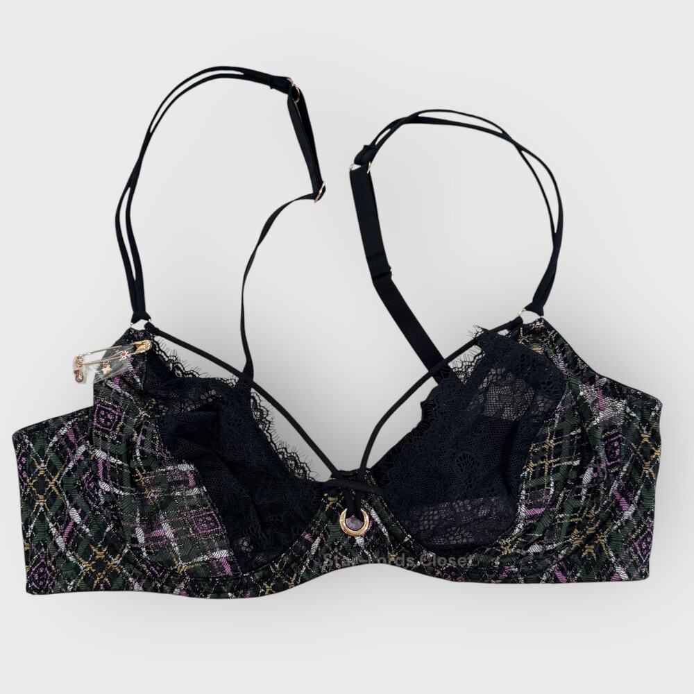 Savage X Fenty Thats Hella Plaid Unlined Bra | 32D | Black Purple Dark Gothic